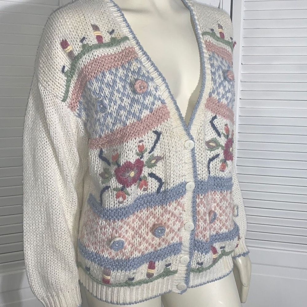 Vintage Hunting Ridge Pastel Hand Knit Cardigan‎ Sweater Women’s Size Medium